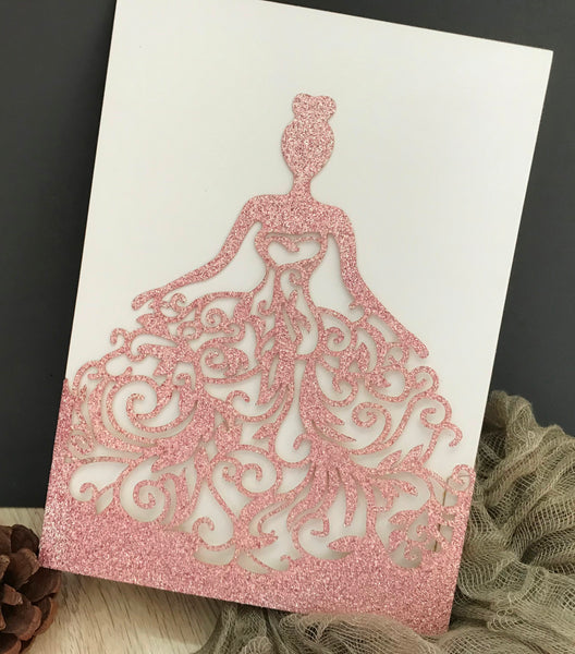 50pcs glitter pink Pocket sweet birthday invitations cards,Laser Cut wedding invitation cards,bridal shower invitation cards,pocket laser cut invite cards - Kdecoration