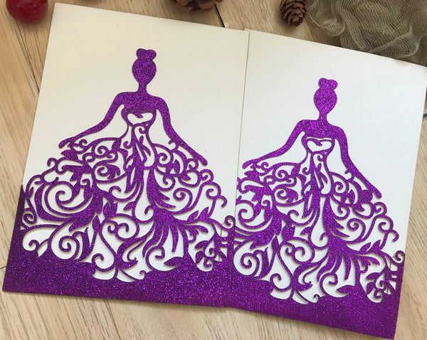 50pcs glitter purple Pocket sweet girl birthday invitations cards,Laser Cut wedding invitation cards,custom baptism invitation cards,baby shower invitation cards