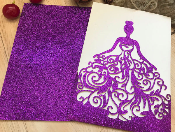50pcs glitter purple Pocket sweet girl birthday invitations cards,Laser Cut wedding invitation cards,custom baptism invitation cards,baby shower invitation cards