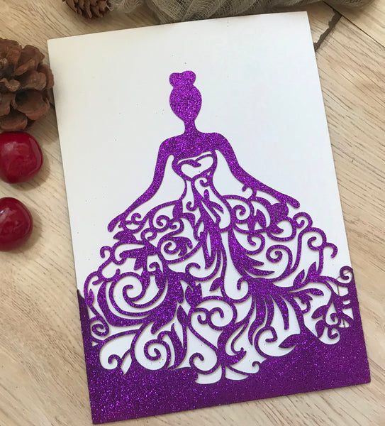 50pcs glitter purple Pocket sweet girl birthday invitations cards,Laser Cut wedding invitation cards,custom baptism invitation cards,baby shower invitation cards