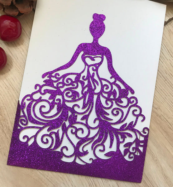 50pcs glitter purple Pocket sweet girl birthday invitations cards,Laser Cut wedding invitation cards,custom baptism invitation cards,baby shower invitation cards