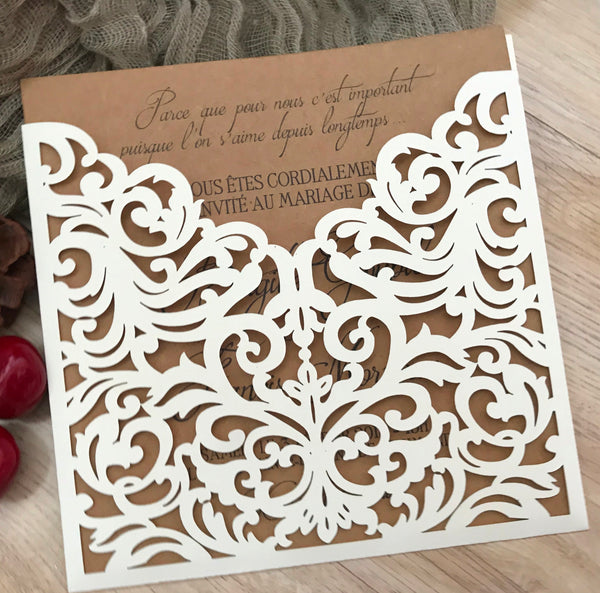 50pcs pearl cream laser cut wedding invitation cards,Pocket laser cut Invitations cards,pick colors - Kdecoration