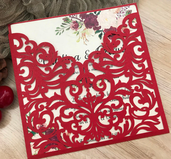 50pcs pearl red pocket laser cut wedding invitations cards,custom laser cut Invitations cards,pick colors - Kdecoration
