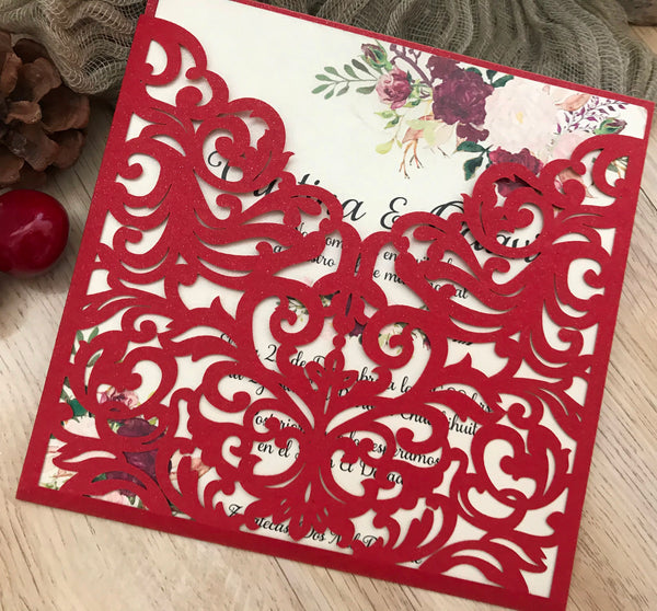 50pcs pearl red pocket laser cut wedding invitations cards,custom laser cut Invitations cards,pick colors - Kdecoration