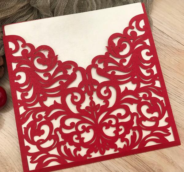 50pcs pearl red pocket laser cut wedding invitations cards,custom laser cut Invitations cards,pick colors - Kdecoration
