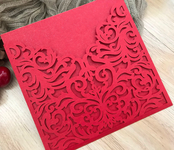 50pcs pearl red pocket laser cut wedding invitations cards,custom laser cut Invitations cards,pick colors - Kdecoration