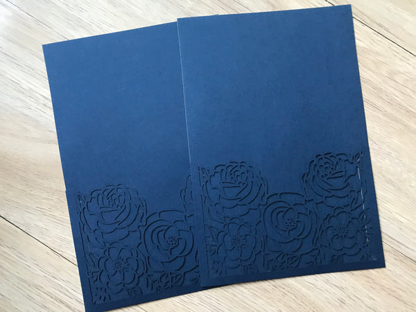 50pcs Dark Navy Blue Rose Pocket laser cut Wedding Invitations,pocket Laser Cut Wedding Cards - Kdecoration