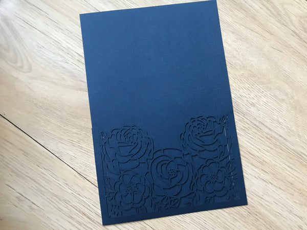 50pcs Dark Navy Blue Rose Pocket laser cut Wedding Invitations,pocket Laser Cut Wedding Cards - Kdecoration