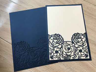 50pcs Dark Navy Blue Rose Pocket laser cut Wedding Invitations,pocket Laser Cut Wedding Cards - Kdecoration