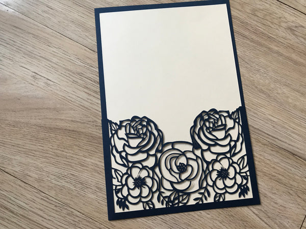 50pcs Dark Navy Blue Rose Pocket laser cut Wedding Invitations,pocket Laser Cut Wedding Cards - Kdecoration