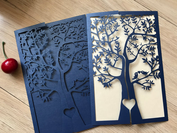50pcs Navy Blue Tree Laser Cut Invitation Cards,Sweet Sixteen Birthday Invitations - Kdecoration