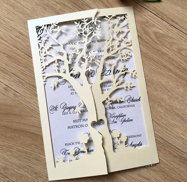 50pcs Pearl cream Birthday Invitations,Tree Laser Cut Wedding Cards,laser cut Invitations Cards - Kdecoration