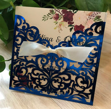 50pcs metallic navy blue custom pocket engagement Invitations with ribbon,laser cut invite cards,pocket laser cut wedding invitations cards,Pocket invitation cards - Kdecoration