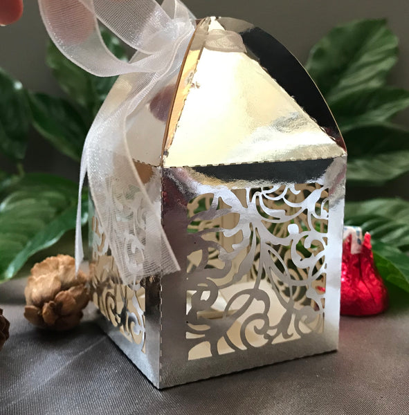 100pcs Metallic Silver Laser Cut Wedding Favor Boxes,Wedding Favors,Candy Cake Gift Packaging Boxes With Ribbon,Wedding Gift Boxes - Kdecoration