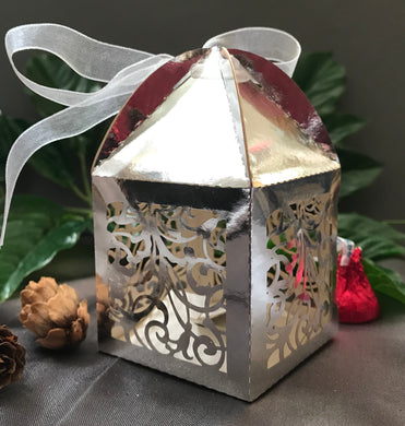 100pcs Metallic Silver Laser Cut Wedding Favor Boxes,Wedding Favors,Candy Cake Gift Packaging Boxes With Ribbon,Wedding Gift Boxes - Kdecoration