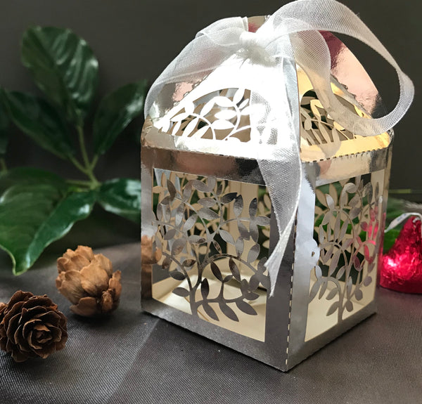 100pcs Metallic Silver Laser Cut Wedding Favor Boxes with ribbon,Wedding Favors for Guests,Gift Box - Kdecoration