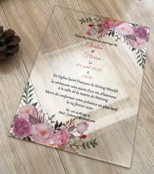 10pcs Pink Floral Acrylic wedding invitation,Free Design Acrylic invitations,Bridal Shower Invitation