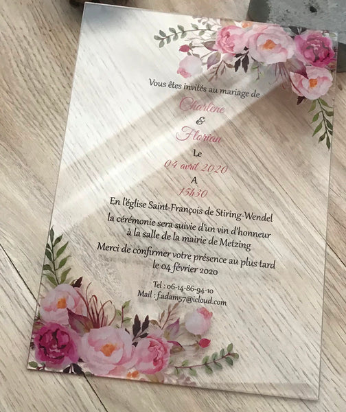 10pcs Pink Floral Acrylic wedding invitation,Free Design Acrylic invitations,Bridal Shower Invitation