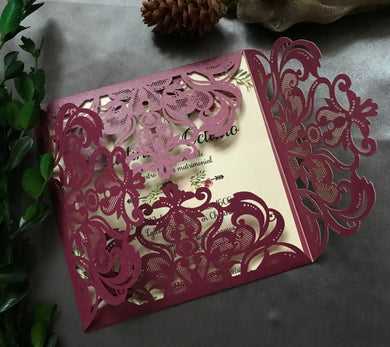 50pcs Burgundy Red Laser cut Wedding Invitation,Bridal Show Invitations,Engagement Invitations - Kdecoration