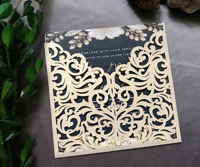 50pcs Pearl Ivory Laser cut wedding Invitations,custom pocket Bridal Shower Invitations - Kdecoration