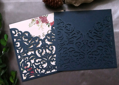 50pcs Dark Navy Blue Pocket Wedding Invite Covers,Invitations Sleeves,Laser Cut Wedding Cards - Kdecoration