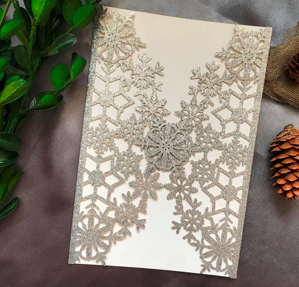 50pcs Glitter Silver Snowflake Laser Cut Wedding Invite,Laser Cut Wedding Cards,Wedding Invitations - Kdecoration