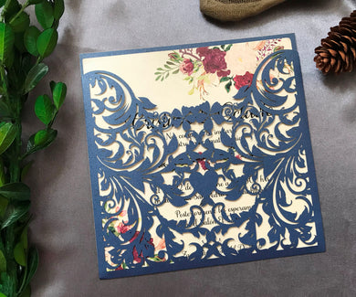 50pcs Customiz Navy Blue Laser Cut Wedding Cards,Pocket laser cut Wedding Invites - Kdecoration