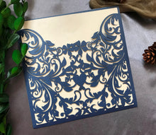 50pcs Customiz Navy Blue Laser Cut Wedding Cards,Pocket laser cut Wedding Invites - Kdecoration