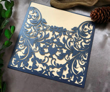 50pcs Customiz Navy Blue Laser Cut Wedding Cards,Pocket laser cut Wedding Invites - Kdecoration