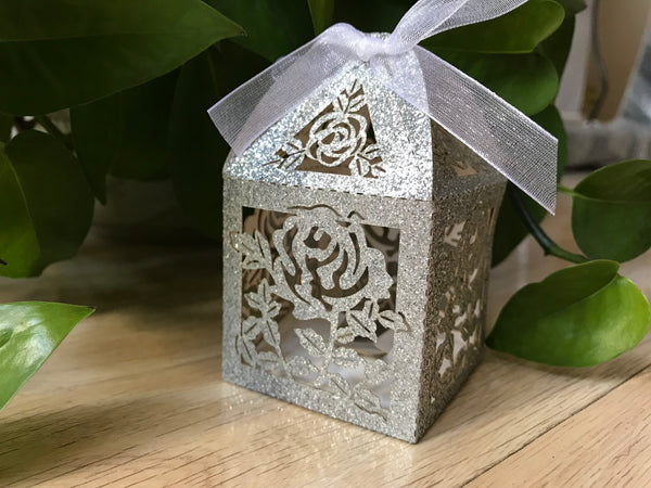 100pcs Glitter Silver Rose Laser Cut Wedding Favor Boxes,Small Gift Packaging Boxes - Kdecoration