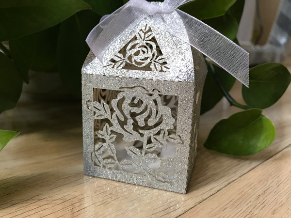 100pcs Glitter Silver Rose Laser Cut Wedding Favor Boxes,Small Gift Packaging Boxes,chocolate boxes,candy boxes,laser cut wedding gift boxes,wedding favors - Kdecoration
