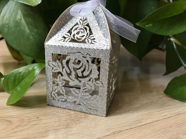 100pcs Glitter Silver Rose Laser Cut Wedding Favor Boxes,Small Gift Packaging Boxes - Kdecoration