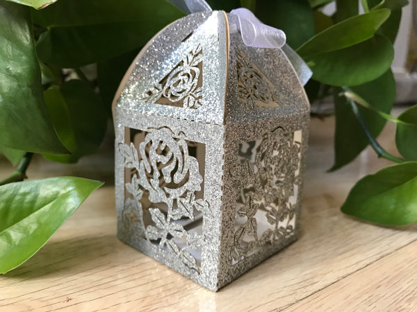 100pcs Glitter Silver Rose Laser Cut Wedding Favor Boxes,Small Gift Packaging Boxes - Kdecoration