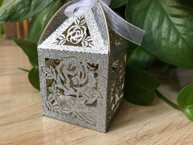 100pcs Glitter Silver Rose Laser Cut Wedding Favor Boxes,Small Gift Packaging Boxes - Kdecoration