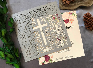 50pcs Pearl Silver Cross Laser Cut Wedding Card,Quince Invitations,Sweet Sixteen Birthday Invitation - Kdecoration