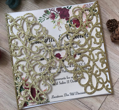 50pcs Glitter Gold Laser Cut Wedding Card,Invitations Cover,Engagement Invite,Laser Cut Wedding Invitations - Kdecoration