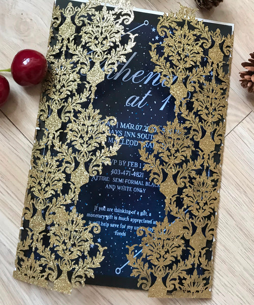 50pcs Glitter Gold Laser Cut Wedding Invite Card,Bridal Shower Invitaitons,Engagement Invitations - Kdecoration