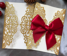 50pcs Glitter Gold Laser Cut Wedding Card with ribbon,Congratulations Wedding Invitation with ribbon - Kdecoration