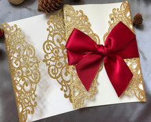 50pcs Glitter Gold Laser Cut Wedding Card with ribbon,Congratulations Wedding Invitation with ribbon - Kdecoration