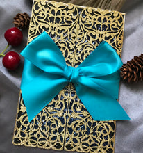 50pcs Gltter Gold Laser Cut wedding invitation with teal ribbon,Laser Cut Wedding Card,Invitation Cards with teal ribbon,Birthday Invitation - Kdecoration