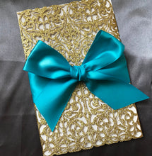 50pcs Gltter Gold Laser Cut wedding invitation with teal ribbon,Laser Cut Wedding Card,Invitation Cards with teal ribbon,Birthday Invitation - Kdecoration