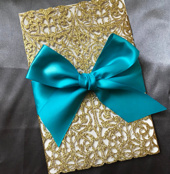 50pcs Gltter Gold Laser Cut wedding invitation with teal ribbon,Laser Cut Wedding Card,Invitation Cards with teal ribbon,Birthday Invitation - Kdecoration