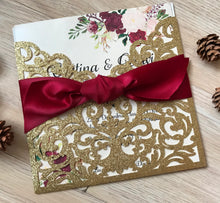 25pcs Glitter Gold Laser Cut Wedding Card with Burgundy Red,Wedding Invitation,Engagement Invitation - Kdecoration