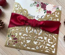 25pcs Glitter Gold Laser Cut Wedding Card with Burgundy Red,Wedding Invitation,Engagement Invitation - Kdecoration