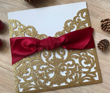 25pcs Glitter Gold Laser Cut Wedding Card with Burgundy Red,Wedding Invitation,Engagement Invitation - Kdecoration