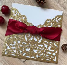 25pcs Glitter Gold Laser Cut Wedding Card with Burgundy Red,Wedding Invitation,Engagement Invitation - Kdecoration