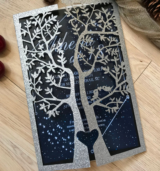 50pcs Glitter Gold/Silver Tree laser cut Wedding Invitations cards,custom Laser Cut Invitations Cards,birthday invitation covers,graduation invite cards,laser cut invite sleeve - Kdecoration