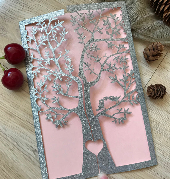 50pcs Glitter Gold/Silver Tree laser cut Wedding Invitations cards,custom Laser Cut Invitations Cards,birthday invitation covers,graduation invite cards,laser cut invite sleeve - Kdecoration