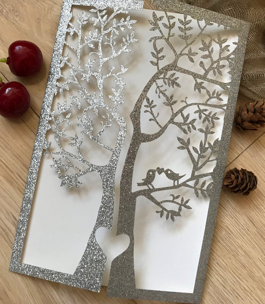 50pcs Glitter Gold/Silver Tree laser cut Wedding Invitations cards,custom Laser Cut Invitations Cards,birthday invitation covers,graduation invite cards,laser cut invite sleeve - Kdecoration