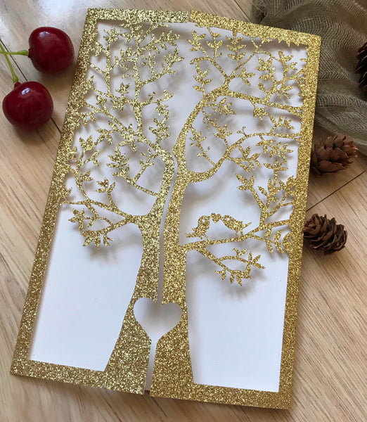 50pcs Glitter Gold/Silver Tree laser cut Wedding Invitations cards,custom Laser Cut Invitations Cards,birthday invitation covers,graduation invite cards,laser cut invite sleeve - Kdecoration